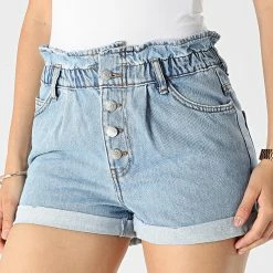 Meilleur prix ⭐ Short Jean Slim Femme Cuba Paperbag Bleu Wash de Only 🥰