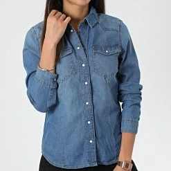 Bon marché 💯 Chemise Manches Longues Jean Femme Rock It Bleu Denim de Only ⭐