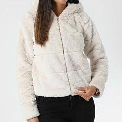 Acheter 🎁 Veste Zippée Capuche Fourrure Femme Crhis Beige de Only 😀