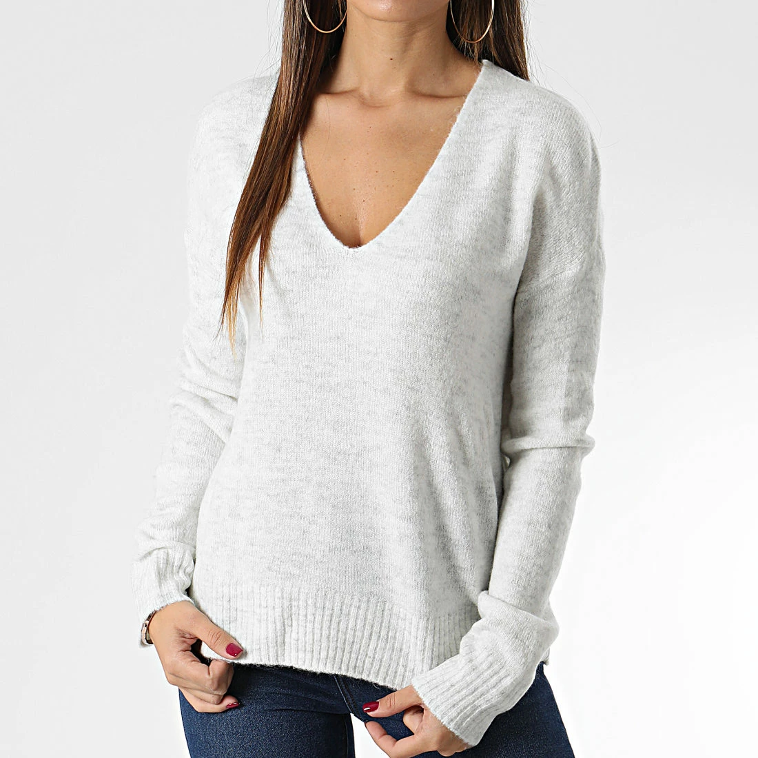 Sortie 🧨 Pull Femme Col V 15207823 Gris Clair de Only ✔️ 3 Sortie 🧨 Pull Femme Col V 15207823 Gris Clair de Only ✔️ – Image 3