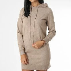 Nouveau 🥰 Robe Pull Femme Capuche Mischa Beige Chiné de Only 💯